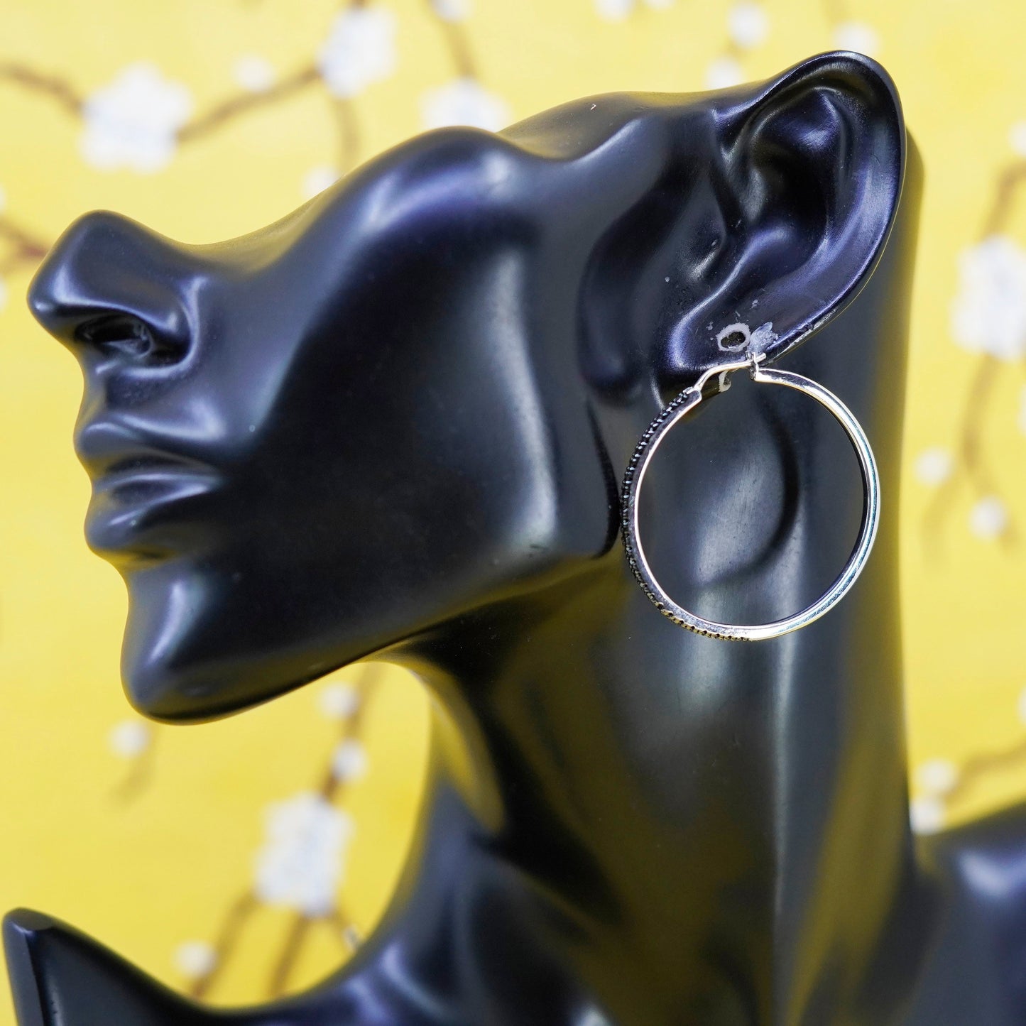 1.5”, Sterling silver hoop earrings, 925 huggie with cluster black diamonds