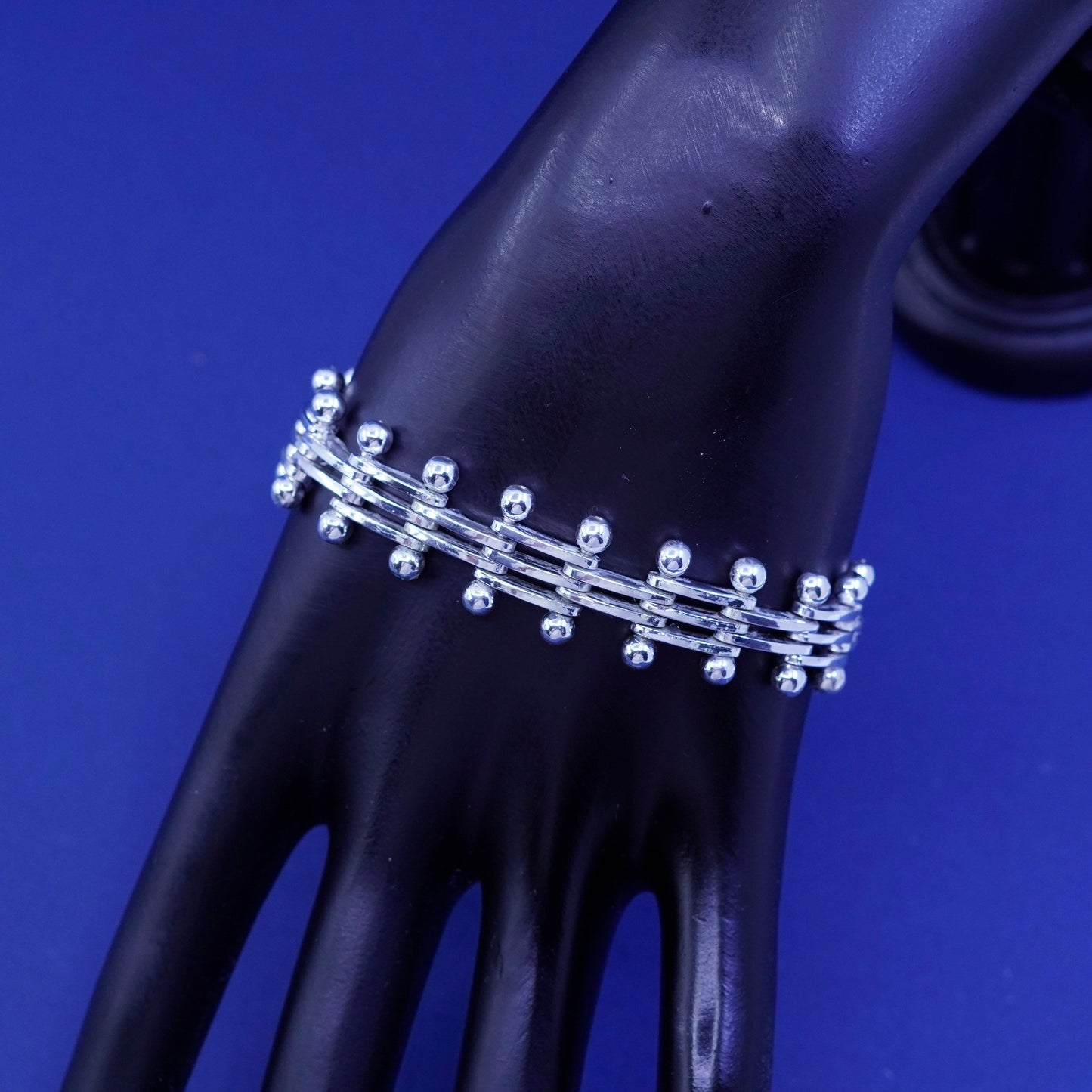 7.5”, vintage Sterling silver handmade bracelet, heavy 925 wide chain w/ beads