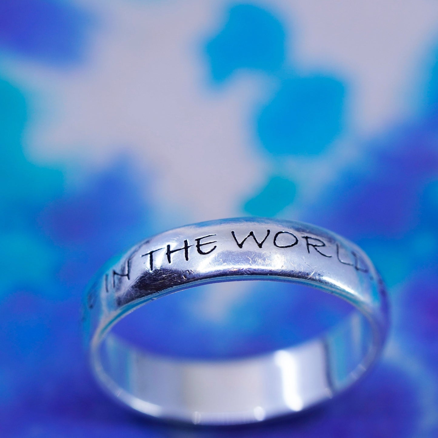 Size 7.25, Sterling silver ring, 925 stackable band "be change you want to see