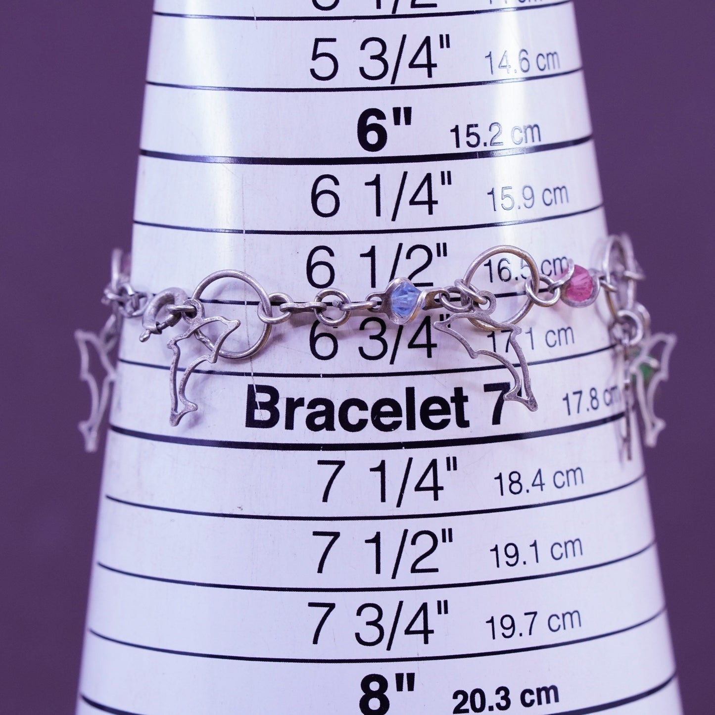 6.5”, vintage Sterling silver handmade bracelet, 925 chain with dolphin charms