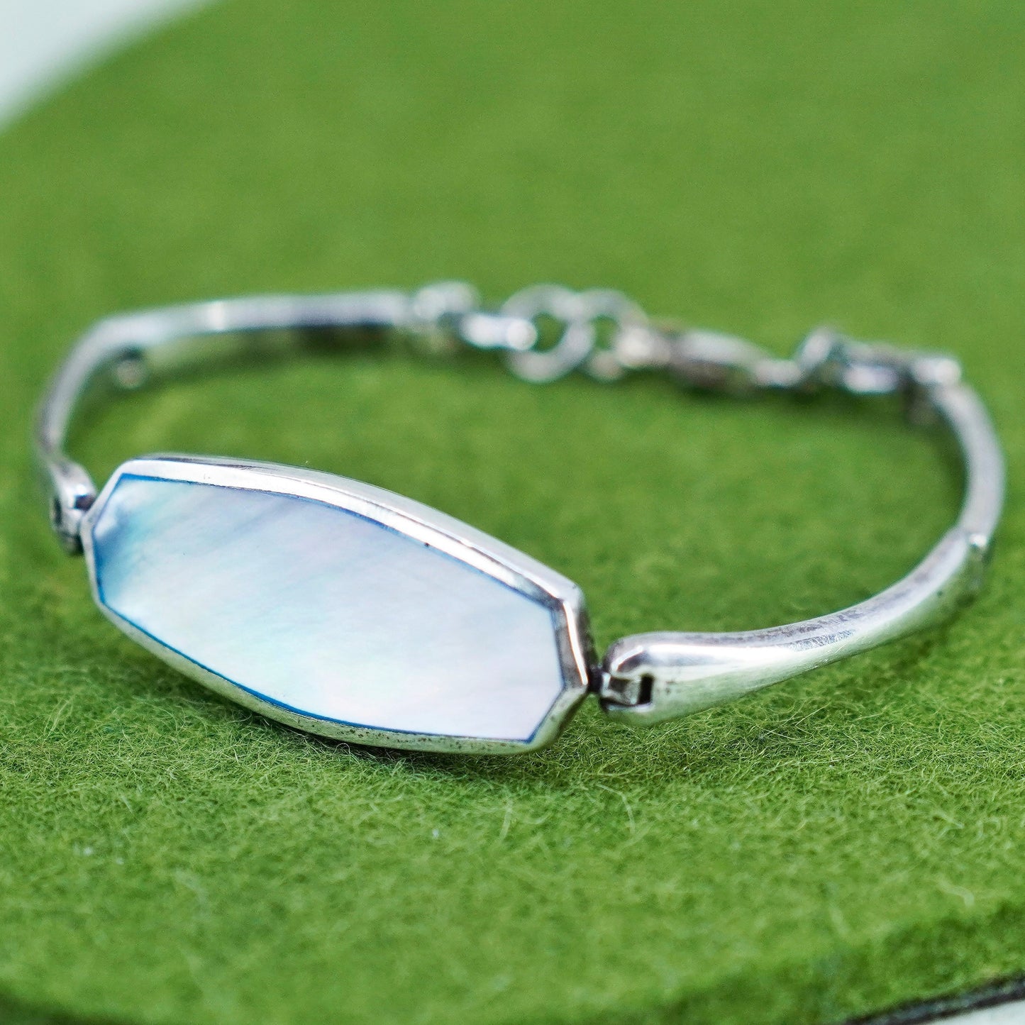 6.5”, vtg Sterling silver handmade bracelet, 925 bar chain with mother of pearl