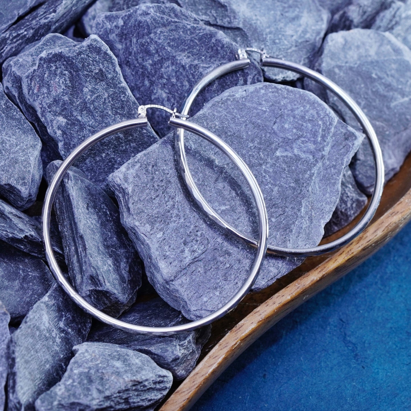 2.25”, vintage Mexico Sterling 925 silver handmade huge textured hoop earrings