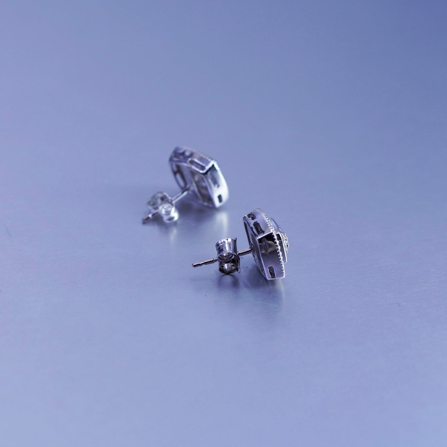 Vintage Sterling 925 silver earrings, square studs with diamond details