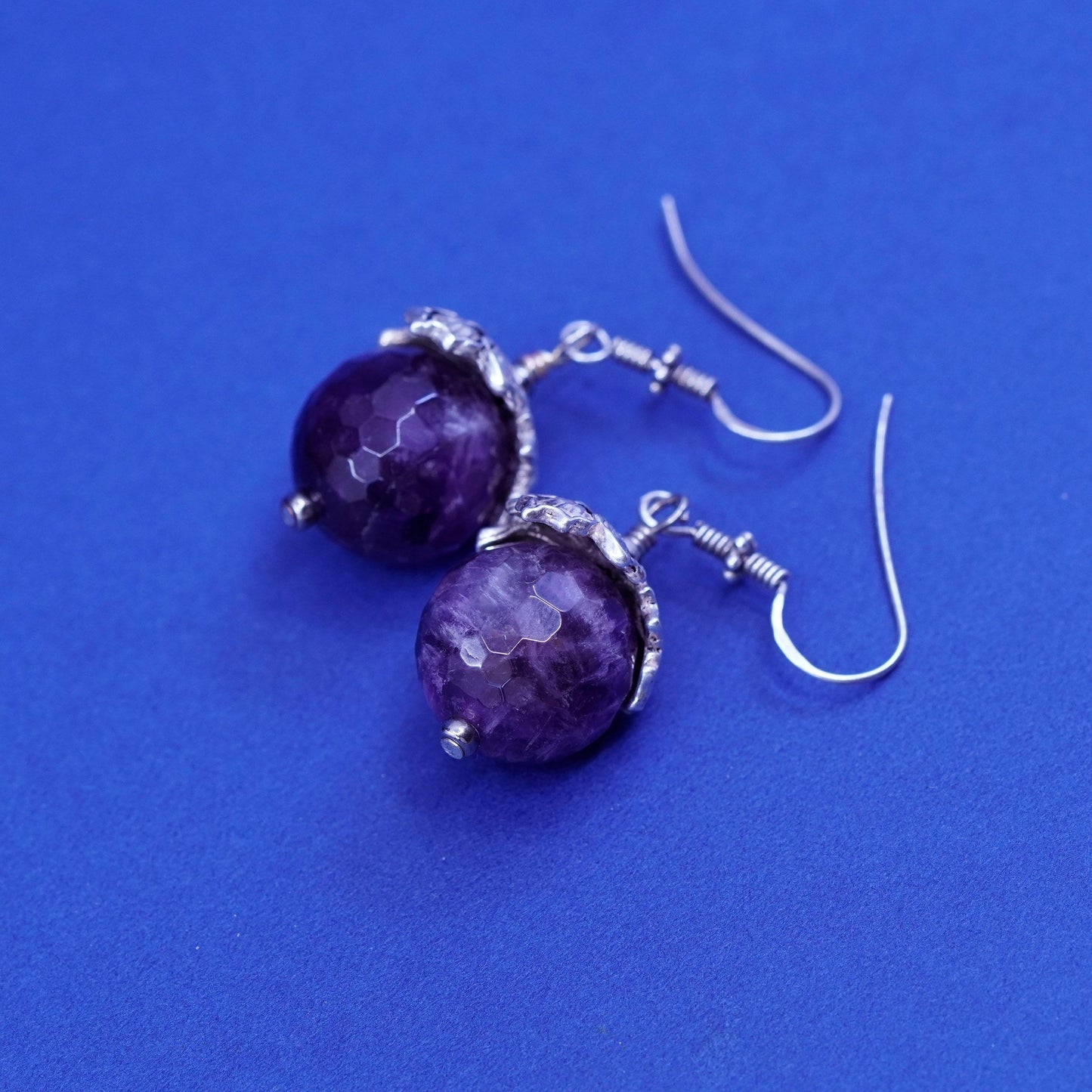 Vintage sterling 925 silver handmade leaf earrings with grape amethyst beads