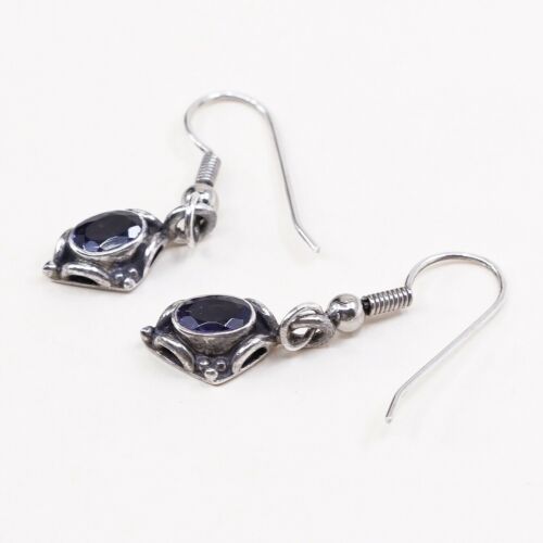 Vtg Sterling Silver Handmade Earrings, 925 Dangles W/ Amethyst Inlay