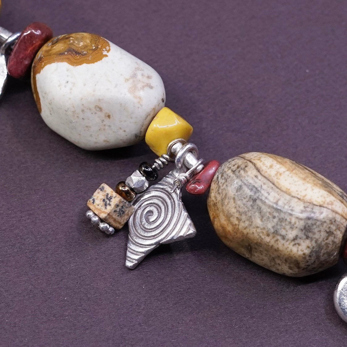 6.75”, vtg Sterling silver handmade chain, 925 beads w/ Jasper nuggets bracelet