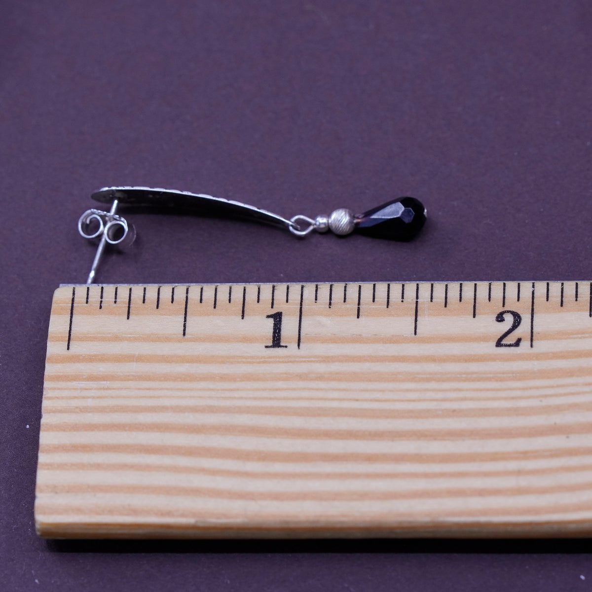 sterling 925 silver handmade textured earrings, with teardrop obsidian beads