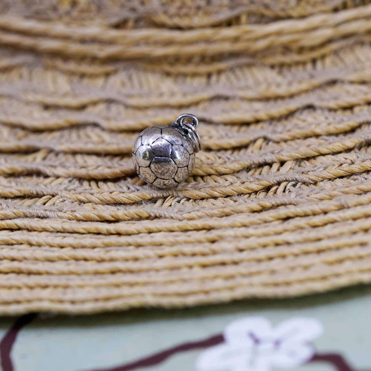 Vintage Sterling silver handmade ball charm, 925 football pendant