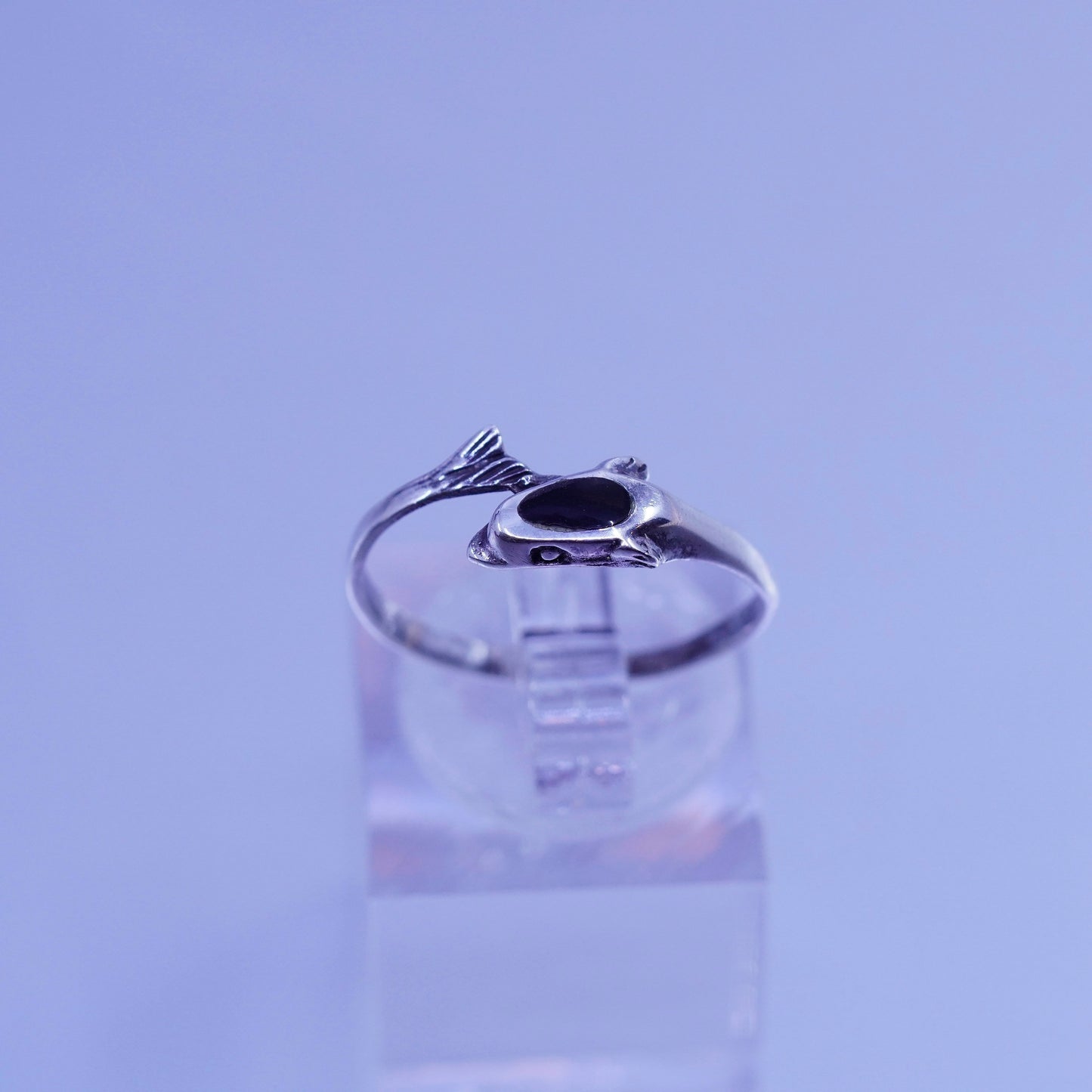Size 8, vintage modern Sterling 925 silver handmade dolphin ring with obsidian