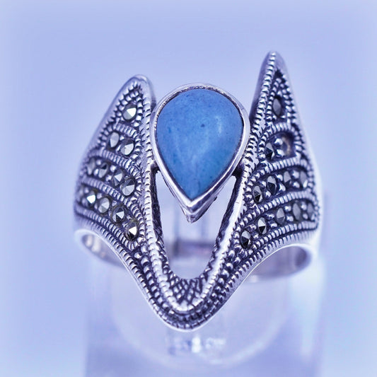 Size 8 southwestern Sterling 925 silver ring, band teardrop turquoise marcasite