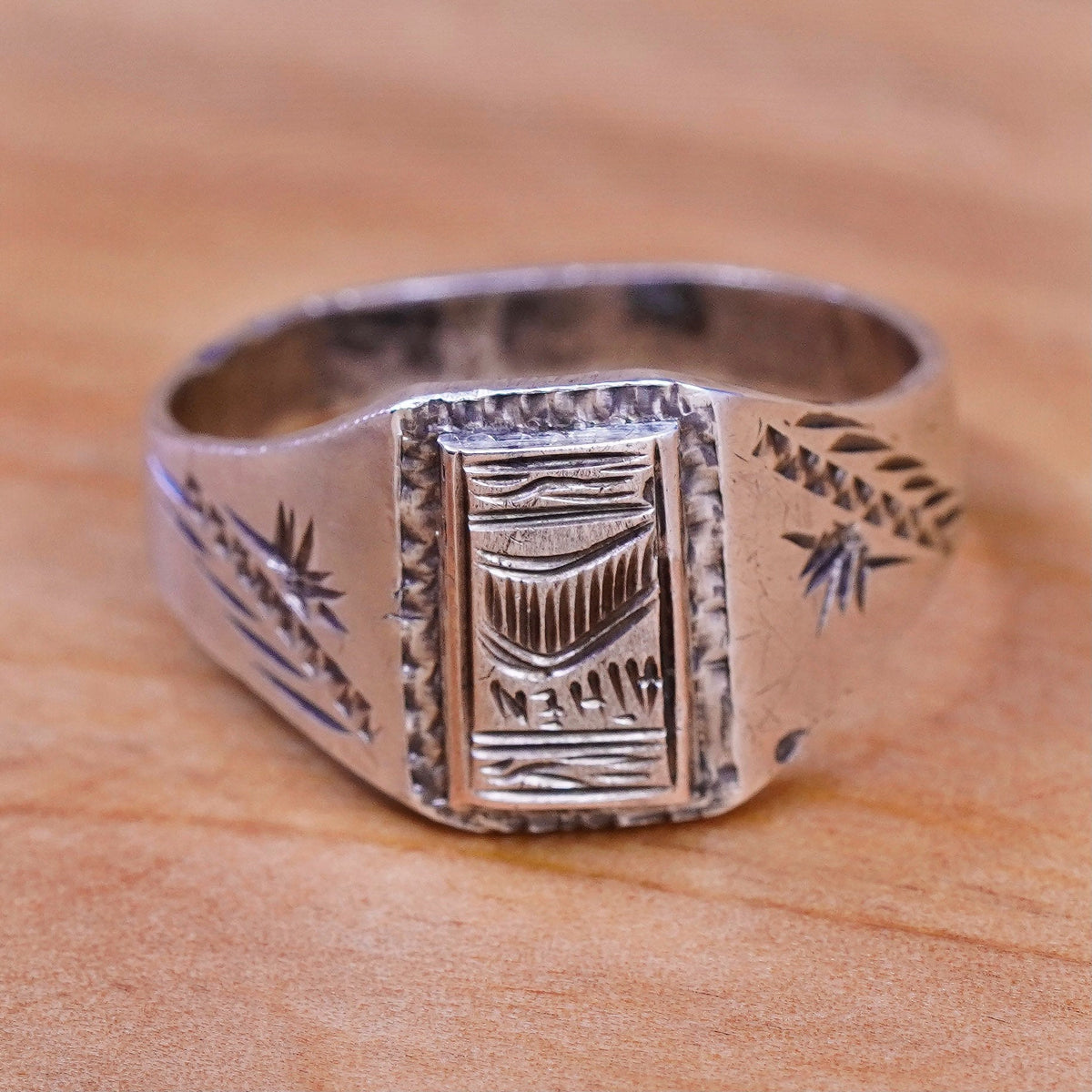 size 9, vtg Sterling silver handmade ring, statement 900 band with GF athen top