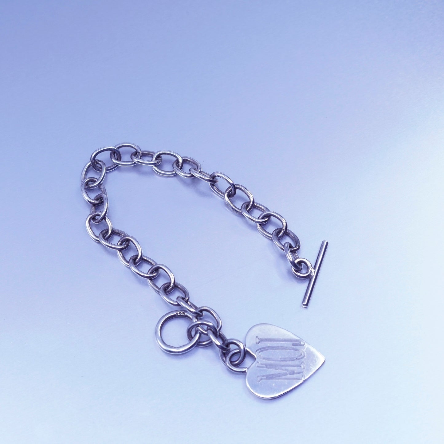 6.25”, vintage Sterling silver bracelet, 925 bold circle chain monogram “MOJ”