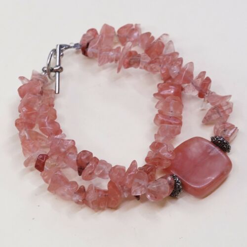 7”, Vtg Antique Silver Tone Handmade Bracelet W/ Pink Quartz Nuggets
