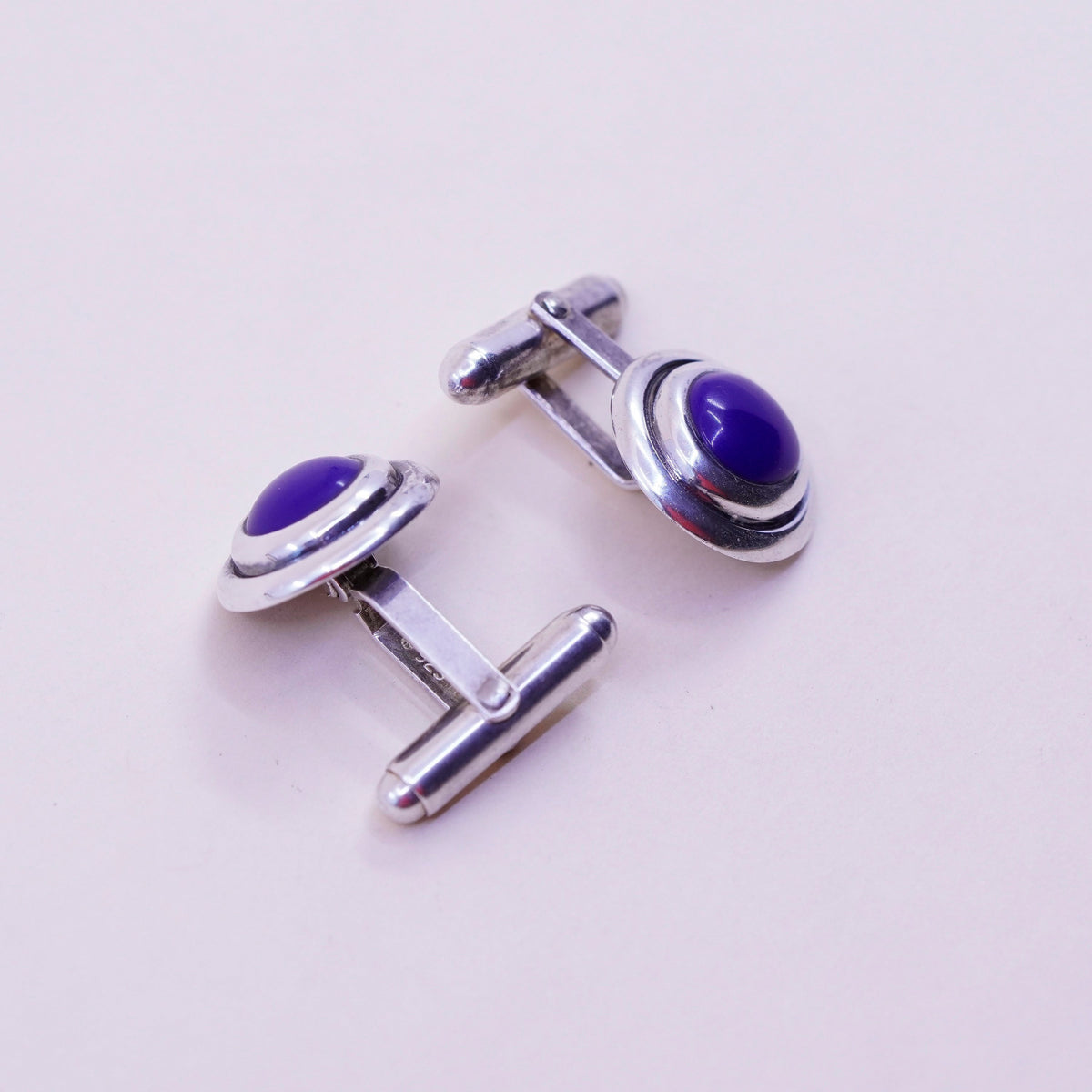 Vintage sterling silver handmade cuff link, 925 square cufflink with blue onyx