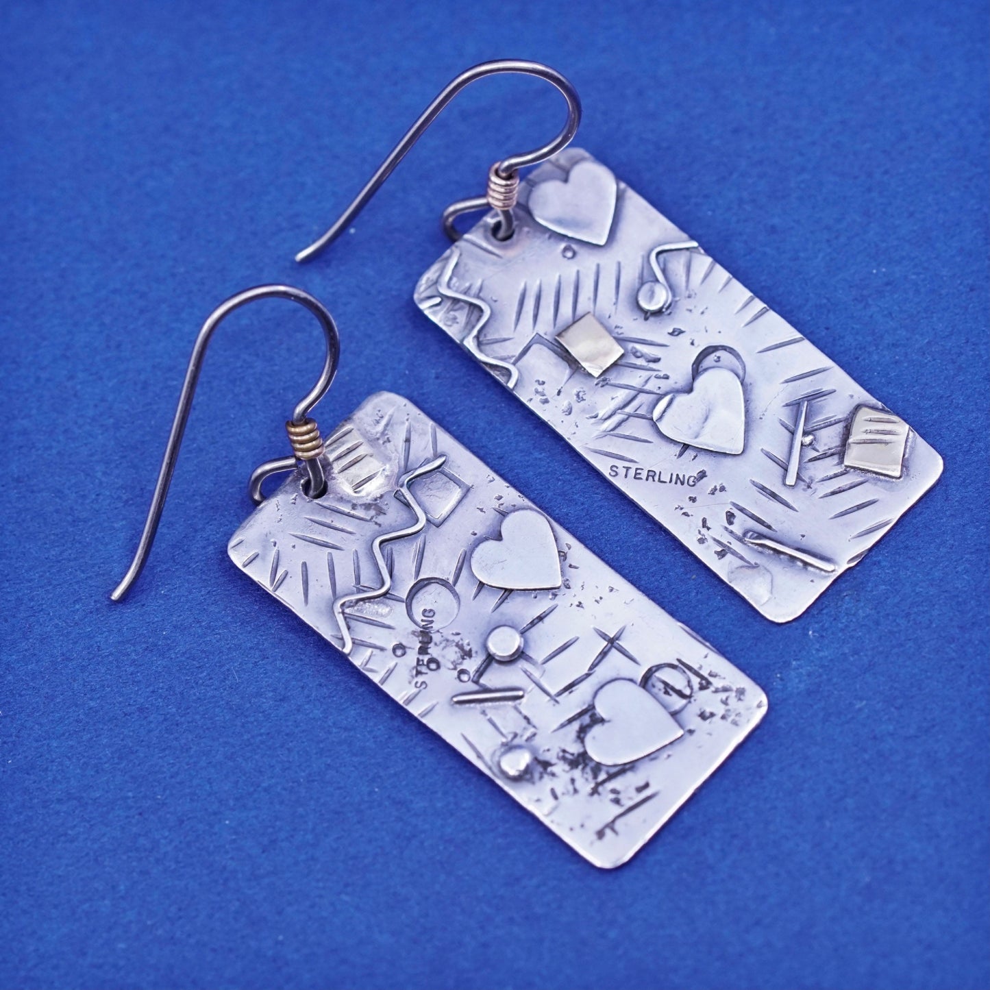 Sterling Silver earrings, 925 disc embossed heart N square and 14K gold accent