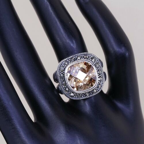 Sz 7, Vtg Sterling Silver Cocktail Ring, 925 W/ Checker Cut citrine n marcasite