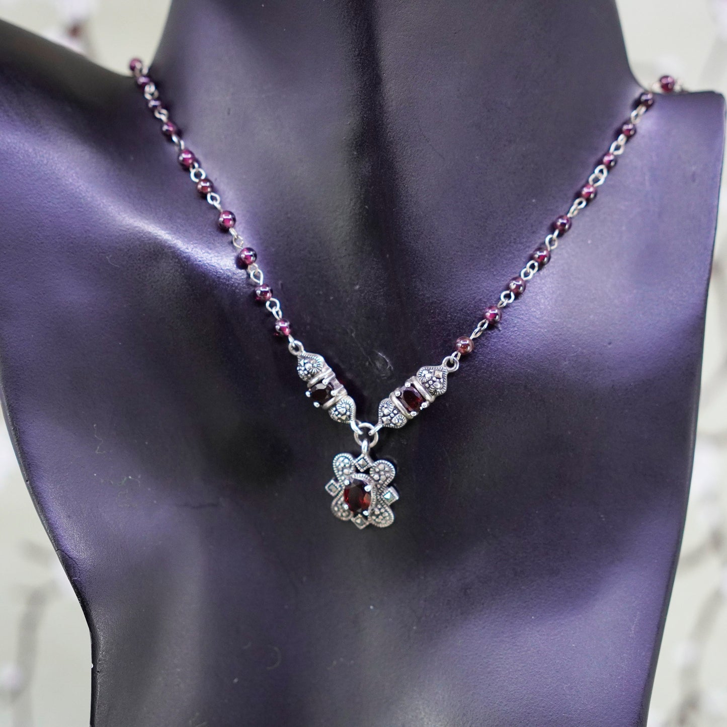 16”, sterling 925 silver necklace, garnet beads with marcasite and ruby pendant