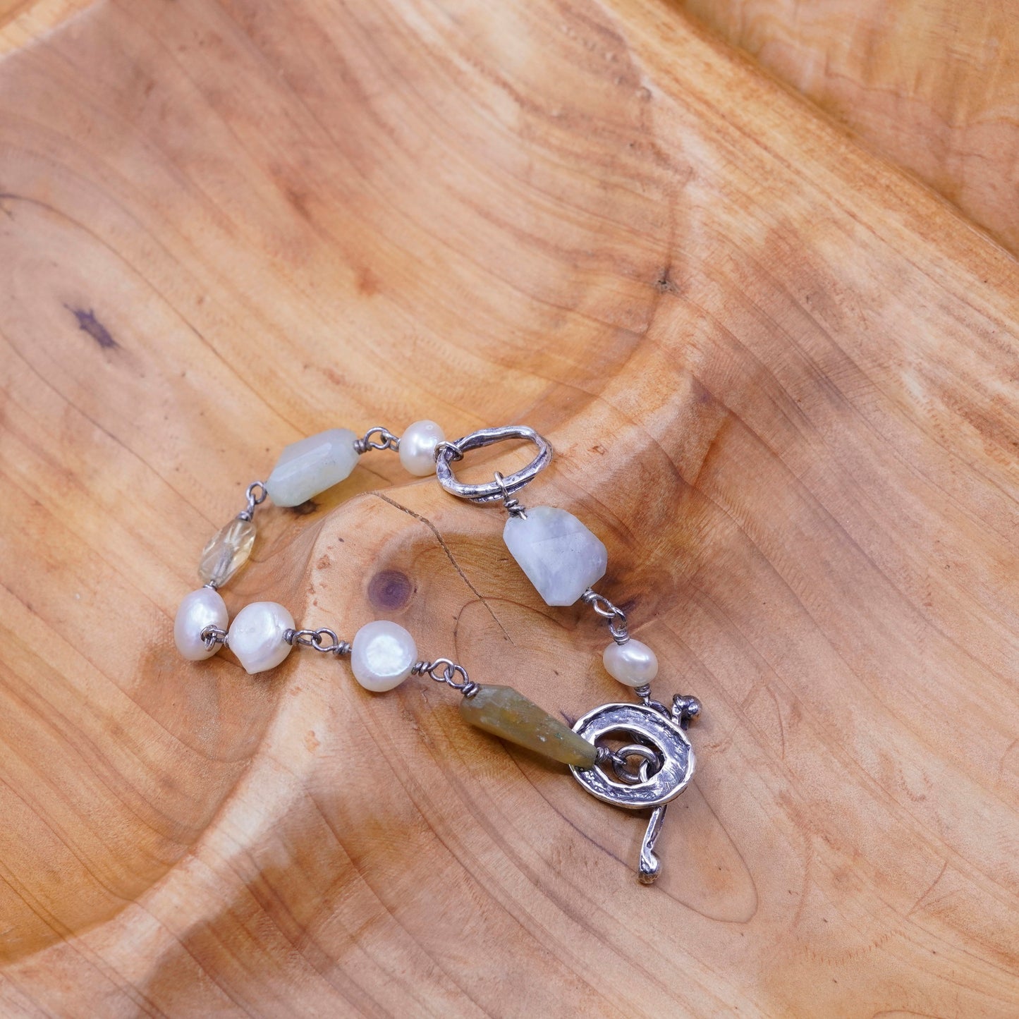 6.5”, Vintage Sterling 925 silver handmade bracelet with jade and pearl