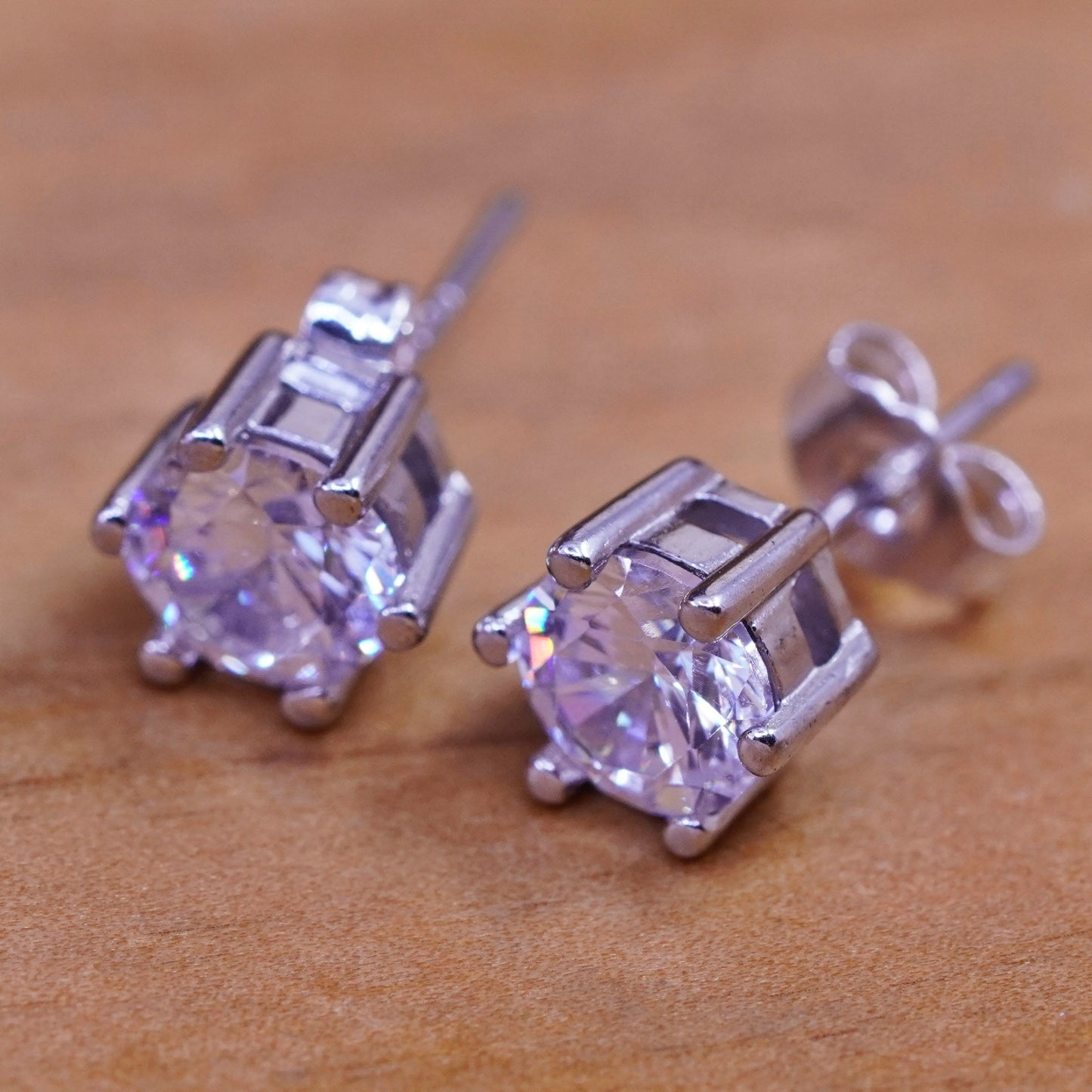 6mm, vintage Sterling silver clear round crystal studs, cz earrings