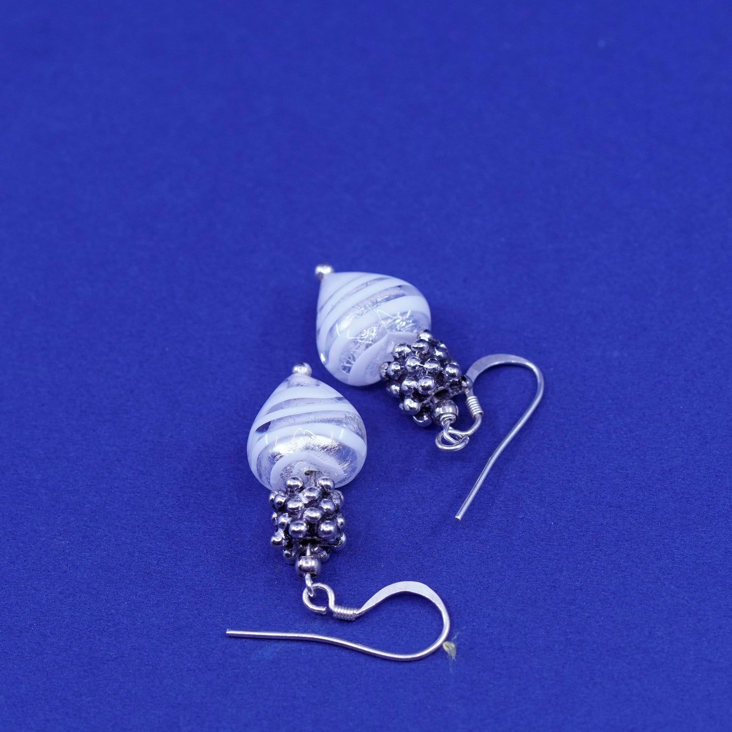 Vintage Sterling silver handmade earrings, 925 beads with glass heart Dangles