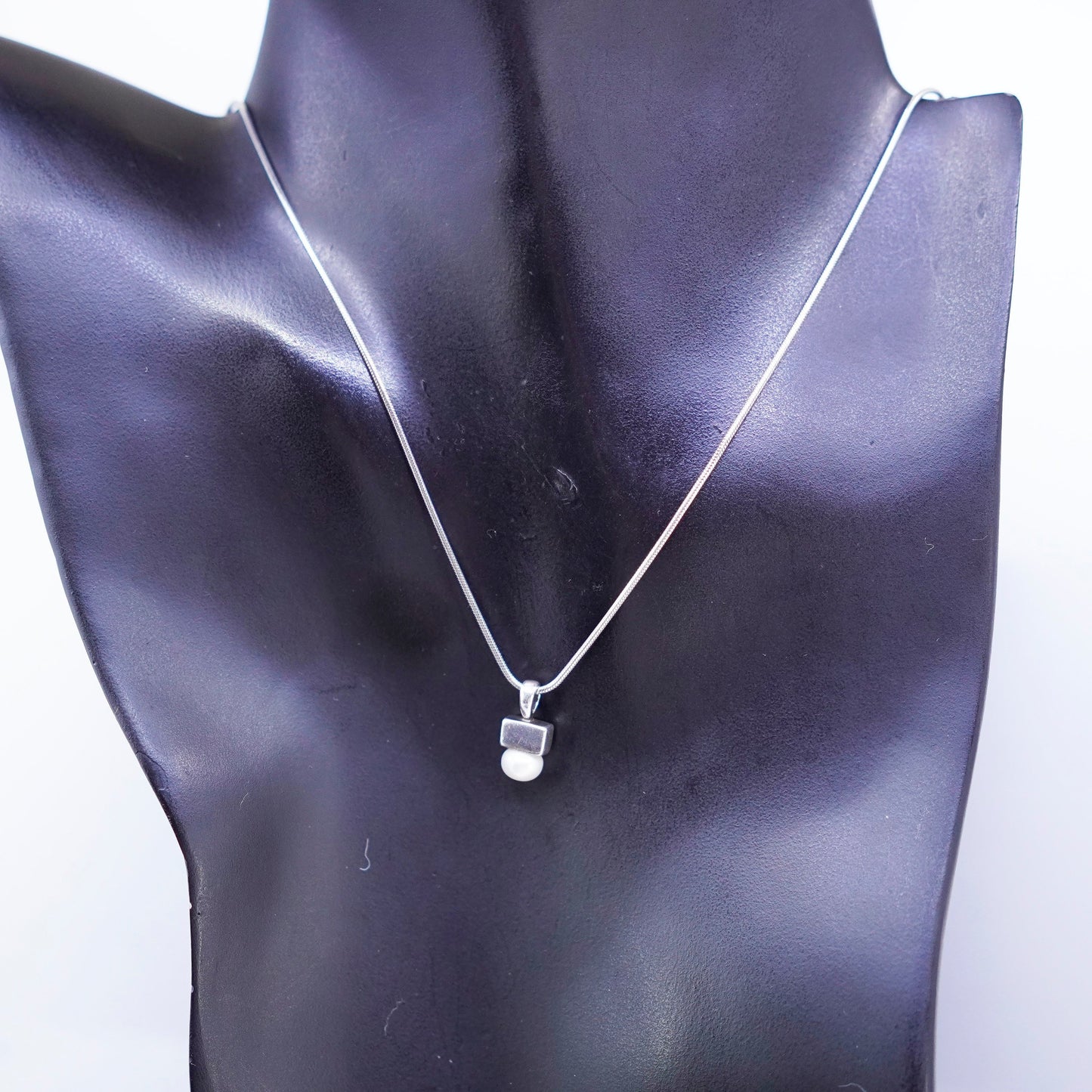 16+2”, Baroni Sterling 925 silver handmade snake chain necklace pearl pendant