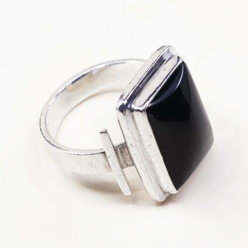 Sz 7.75, Vtg Sterling Silver Handmade Ring, 925 Silver Band W Obsidian Inlay