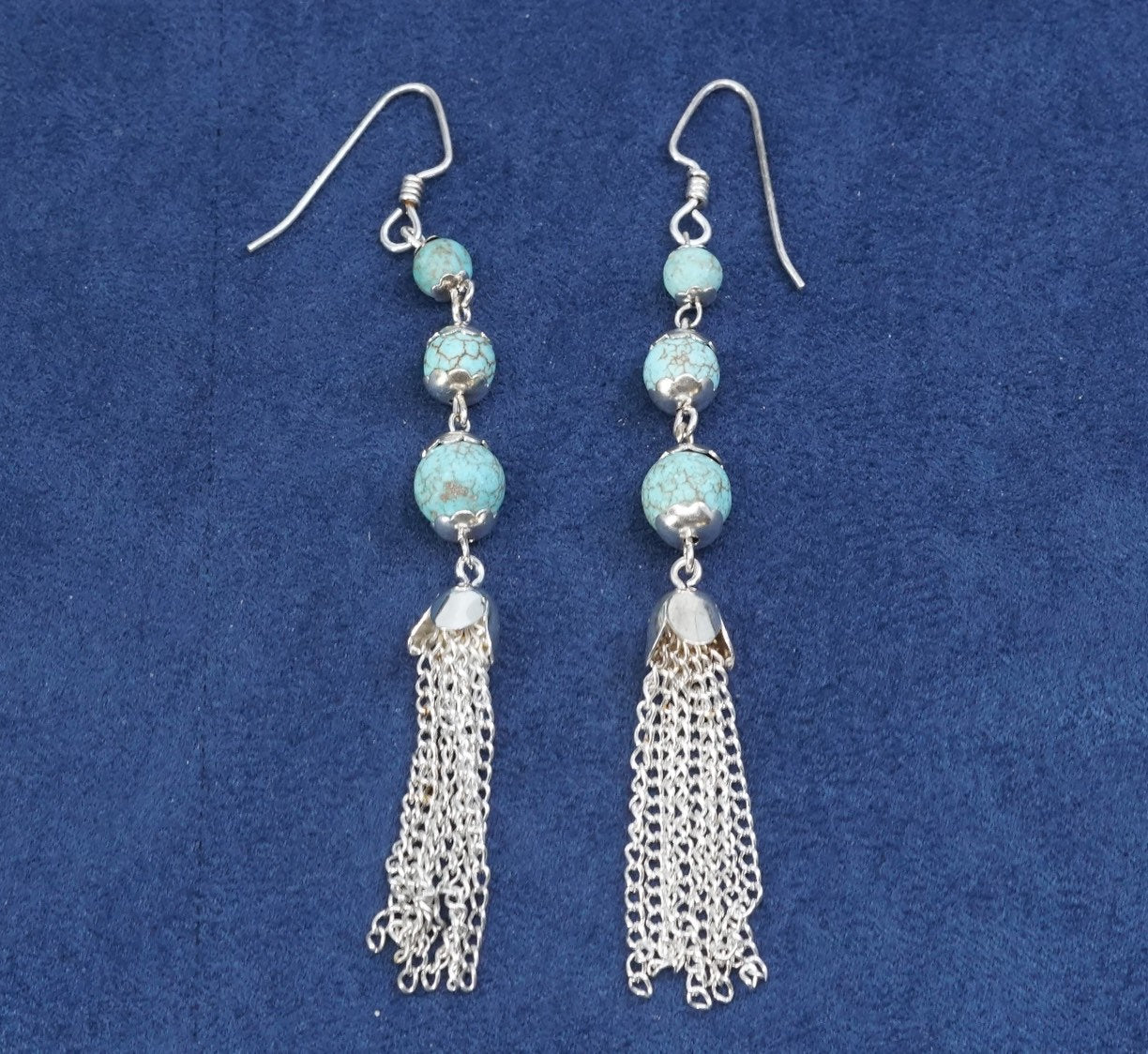 3” long, vtg sterling silver handmade earrings, 925 w/ turquoise beads N fringe