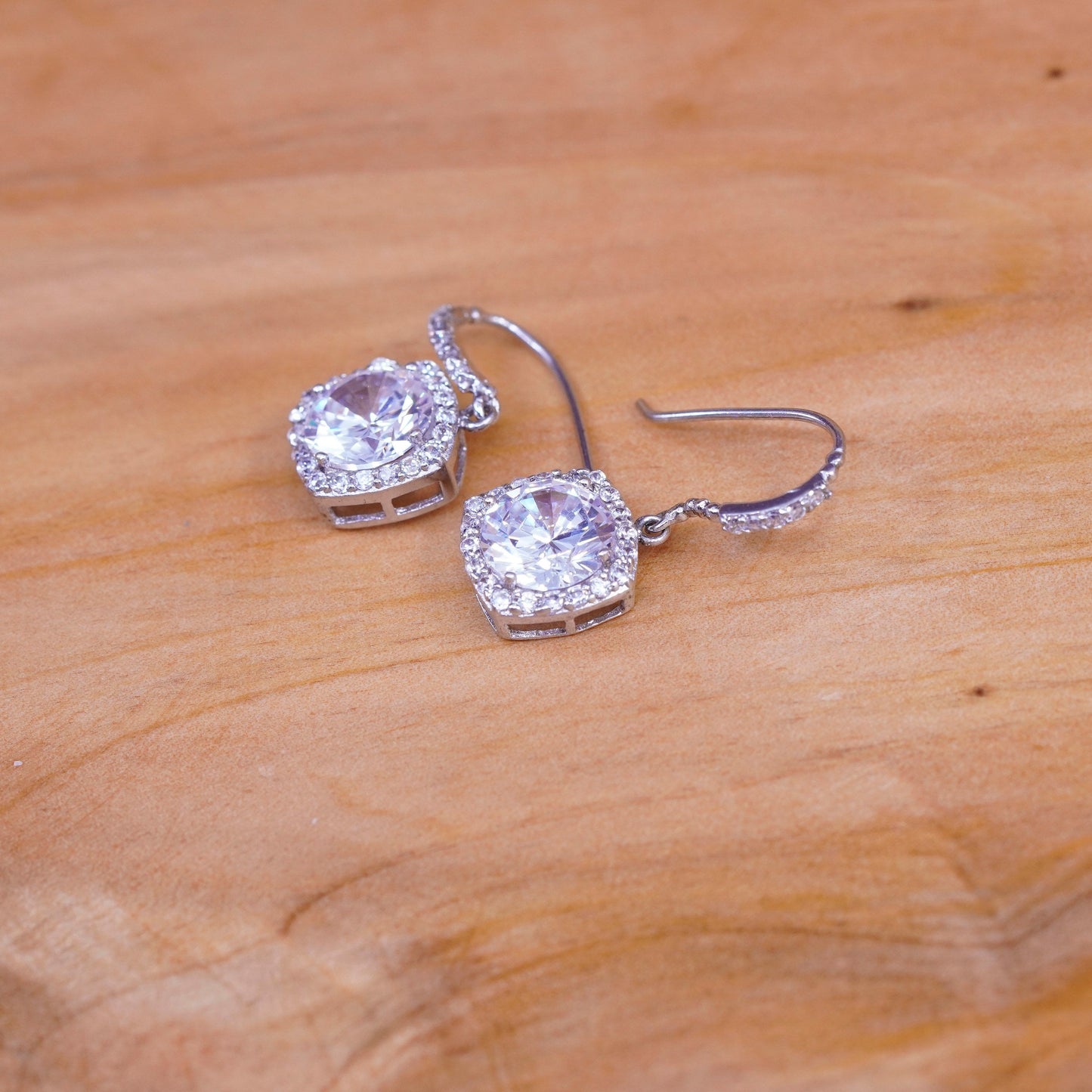 Vintage Sterling silver earrings, 925 drops with cluster Cz Around