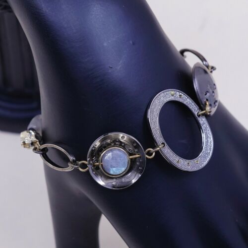 6.5”, Vtg Antique Brass Bracelet W/ Disc Charm N Moonstone Inlah