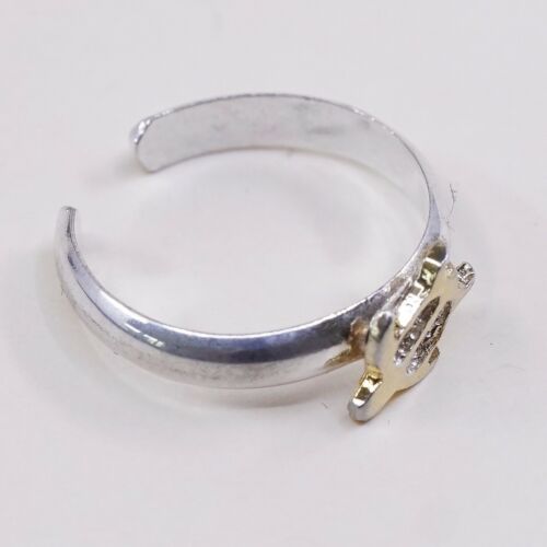 Sz 4, PCU Two Tone 14K Gold Turtle Sterling Silver Handmade Ring 925 Open Band