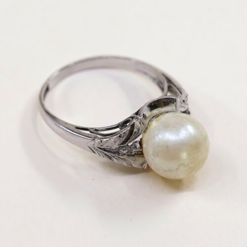 Sz 6.25, Vtg Sterling Silver Handmade Ring w/ Golden Faux Pearl, Stamped 925