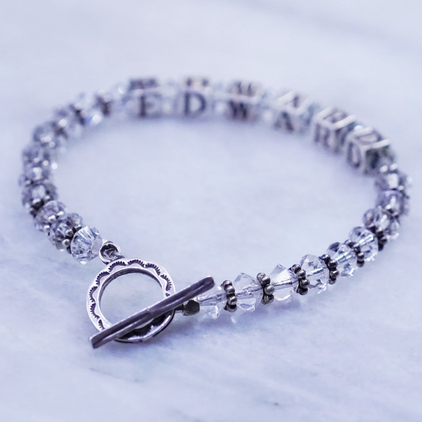 6.75”, Sterling silver handmade name “Edward” cube bracelet with crystal beads