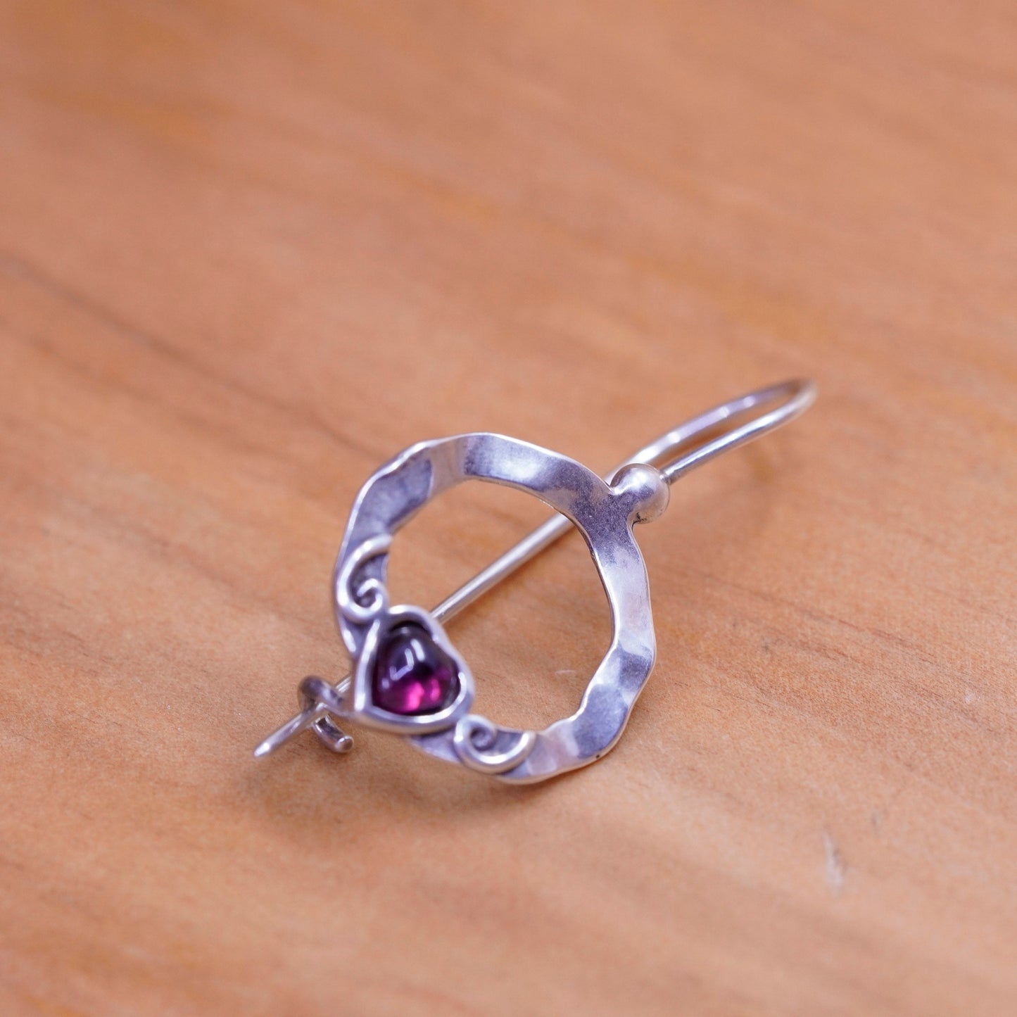 Israel wax casting Sterling silver handmade earrings, 925 hoops heart garnet