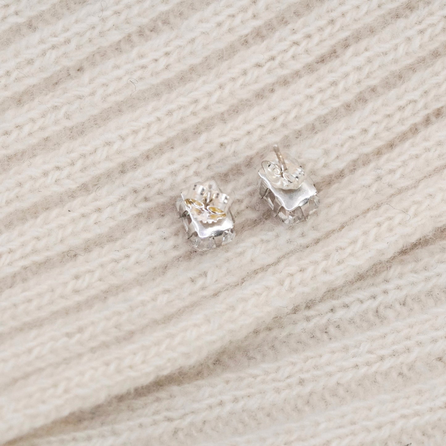 Vintage sterling silver square clear CZ studs, fashion minimalist earrings