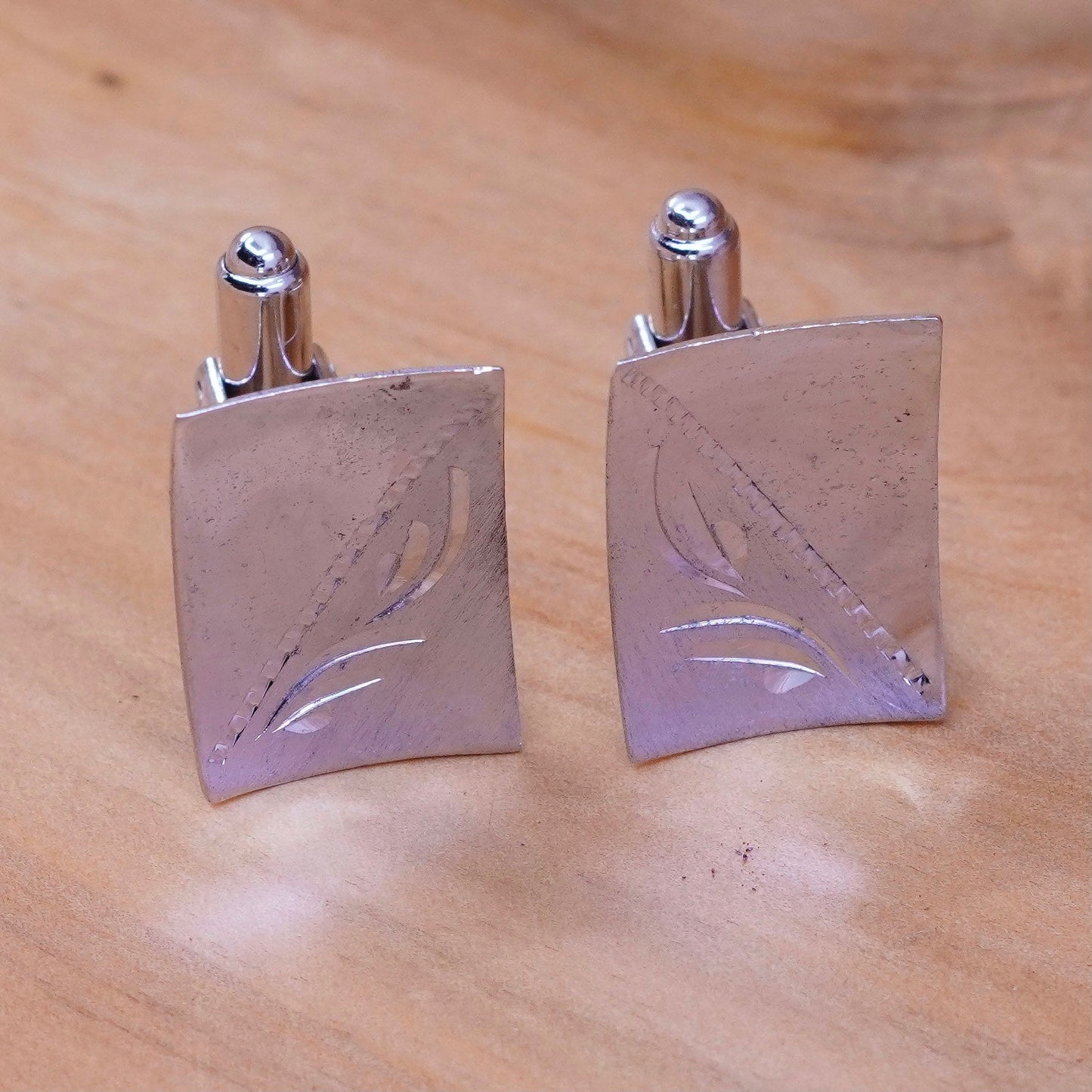 Vintage handmade sterling silver cufflink, 925 cuff links with flower engraved