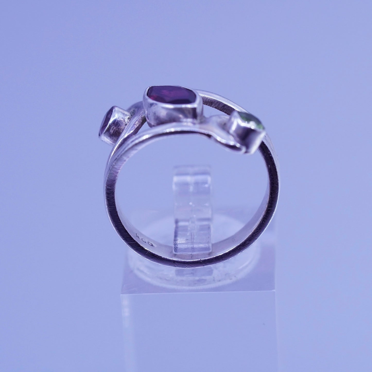 Size 7.5, vintage Sterling 925 silver handmade wide ring amethyst ruby peridot