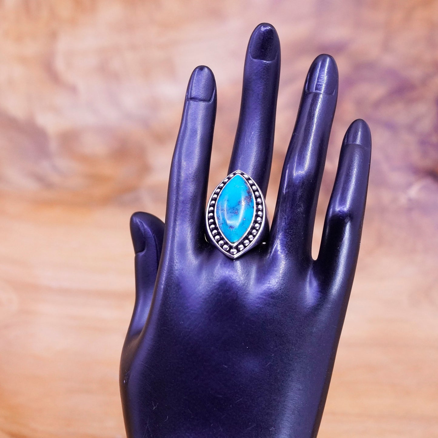 Size 9, vintage Sterling 925 silver handmade ring with marquise turquoise beads