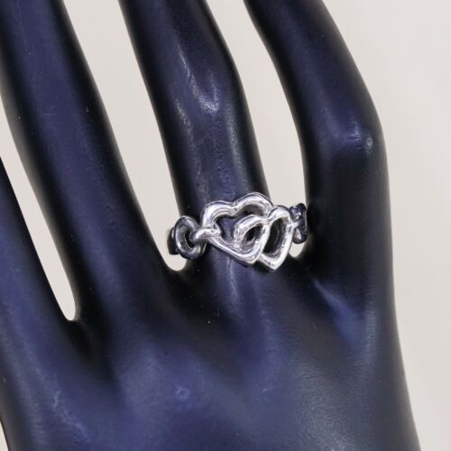 Size 8, Vtg Sterling Silver Handmade Ring, 925 Silver Band W/ Double Heart