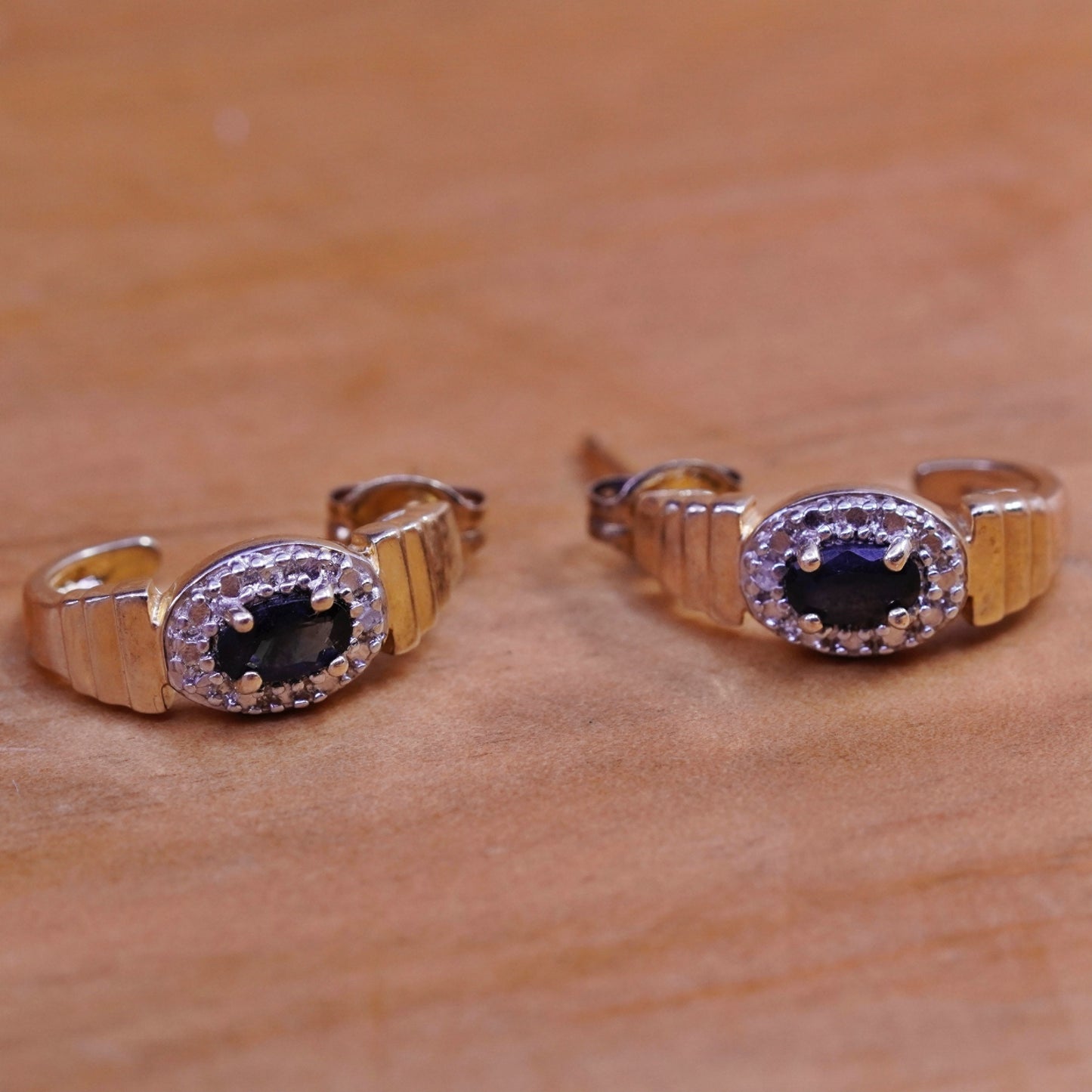 0.75”, vermeil gold Sterling silver earrings, 925 huggie studs sapphire diamond