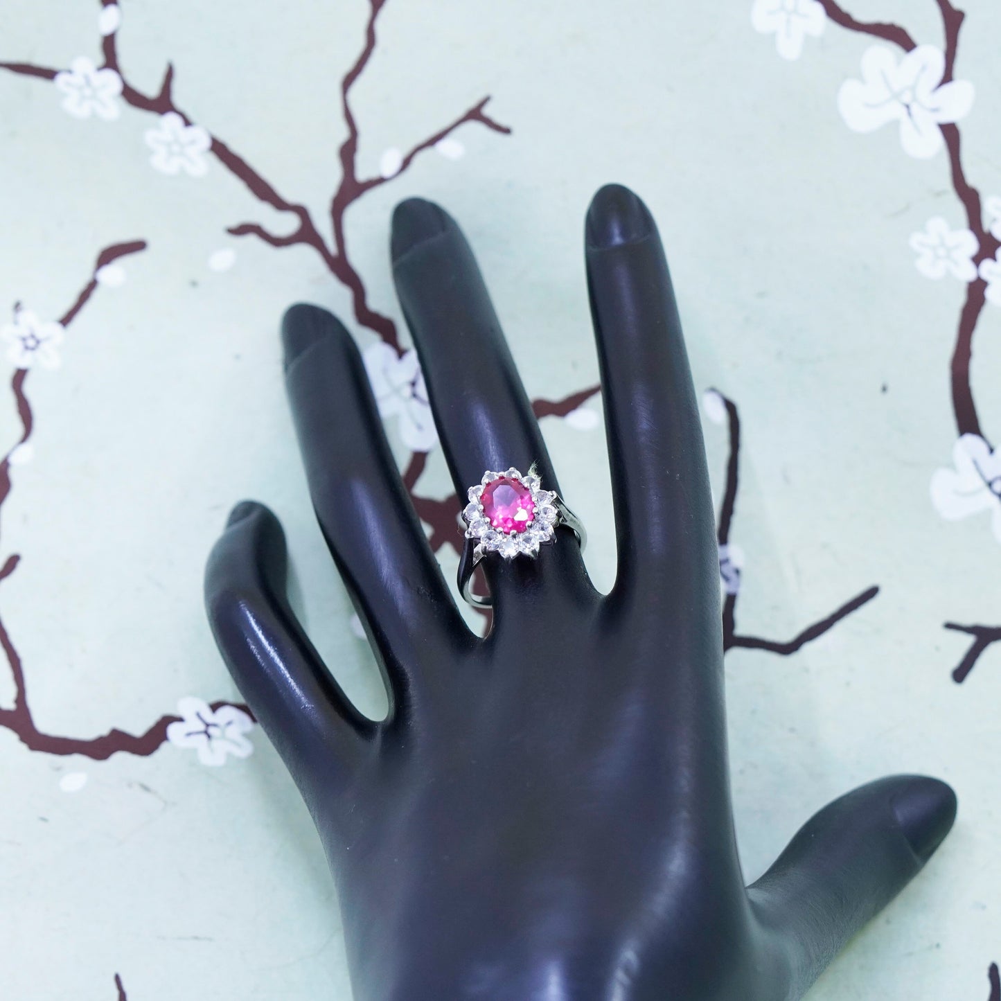 Size 7, Vintage sterling 925 silver ring with oval ruby and cz around