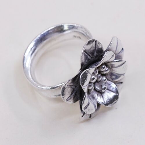Sz 6.5, Vtg Statement Cocktail Handmade Sterling Silver Flower Ring, Stamped 925