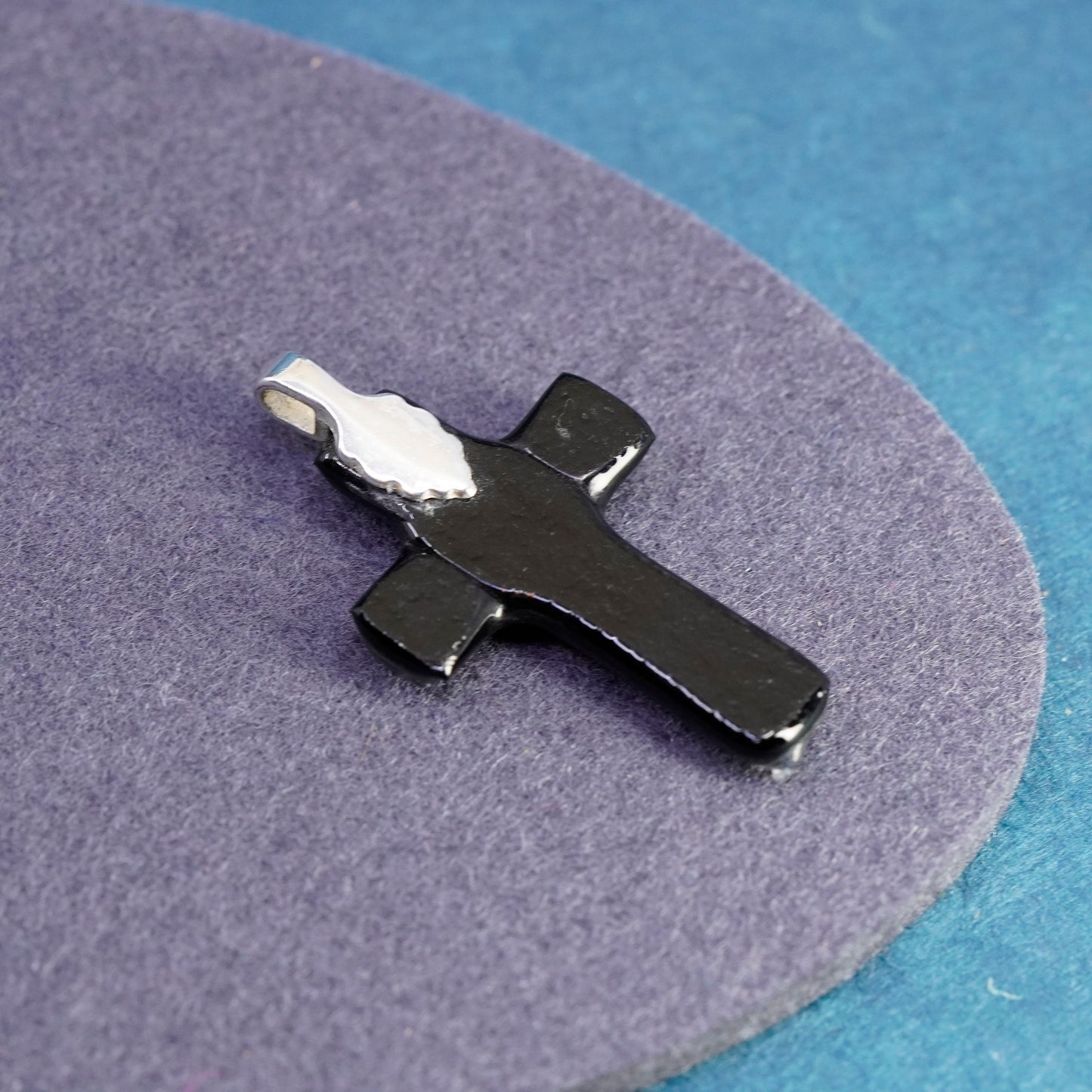 Vintage sterling 925 silver handmade pendant with blue dichroic glass cross