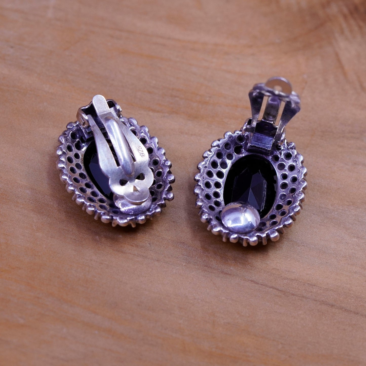 Mexico Sterling silver handmade earrings, 925 oval obsidian clip on marcasite