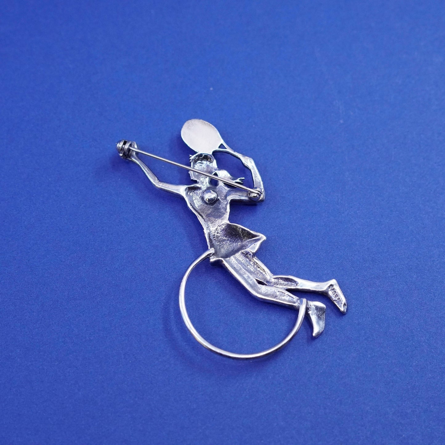 ancient Sterling 925 silver handmade tennis girl pin brooch with 14K Gold ball