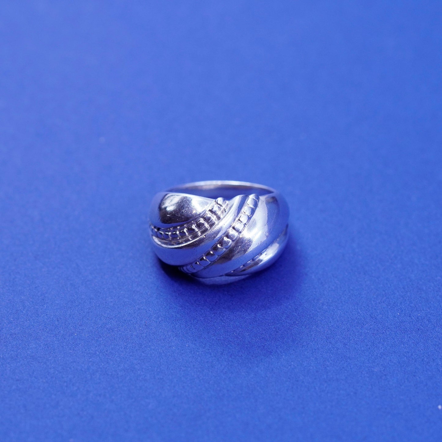 Size 6.5, vtg Sterling silver handmade ribbed ring, 925 statement band w/ wave