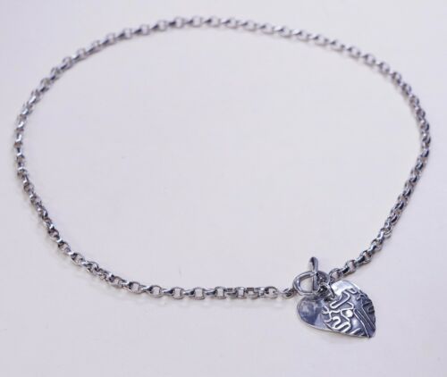 18” 4mm, Vtg 925 Sterling Silver Handmade Circle chain Heart Charm necklace