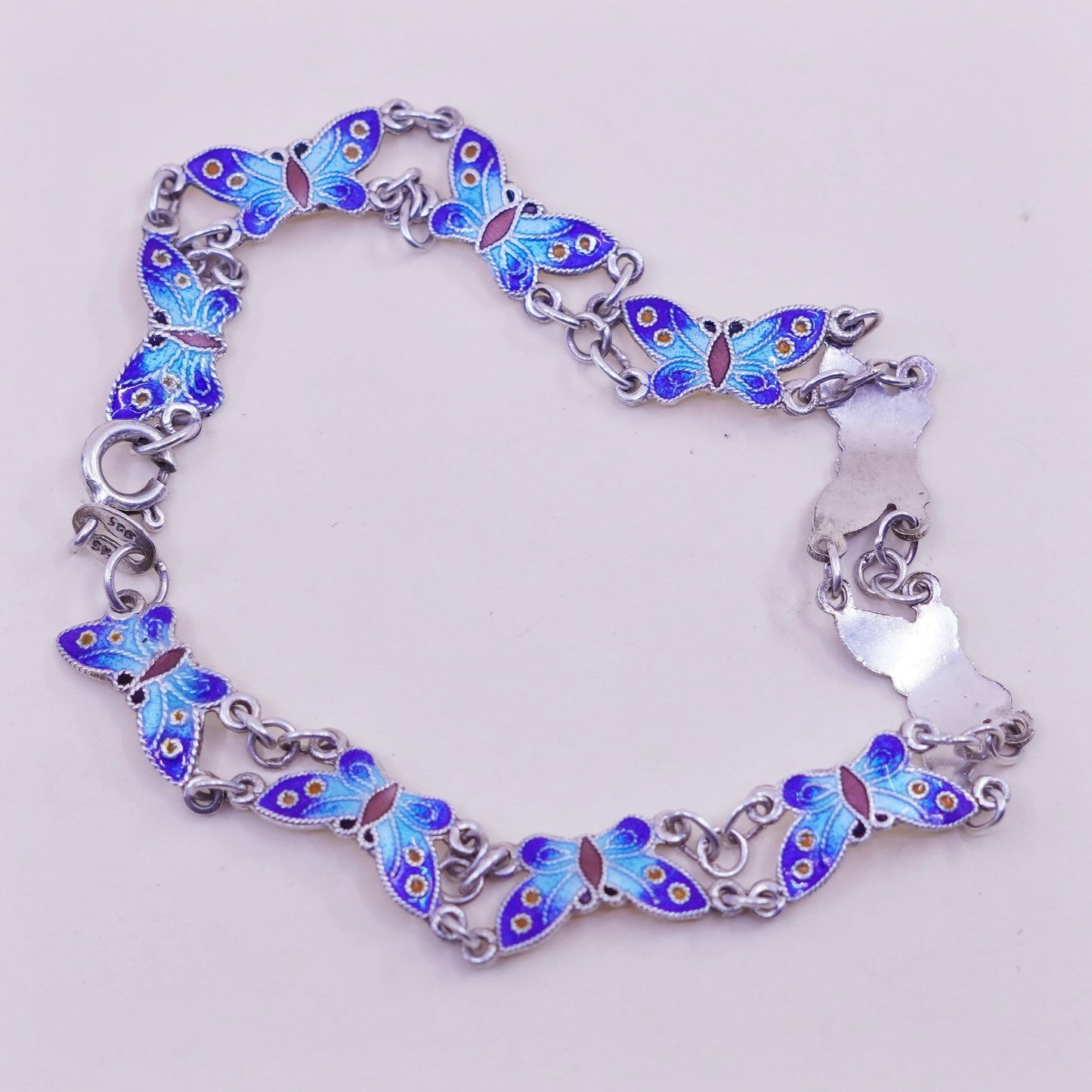 7.75” mexico handmade sterling 925 silver tennis bracelet blue enamel butterfly