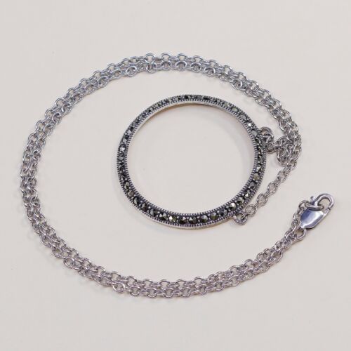 15”, Judith Jack 925 Sterling Silver Circle Chain Necklace W/ Marcasite Pendant