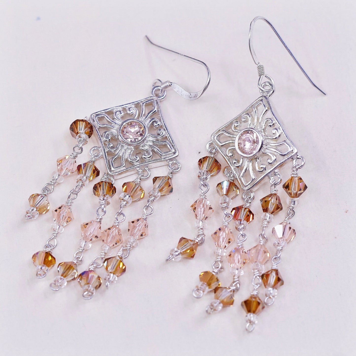 sterling 925 silver handmade earrings w/ orange cluster crystal fringe dangles