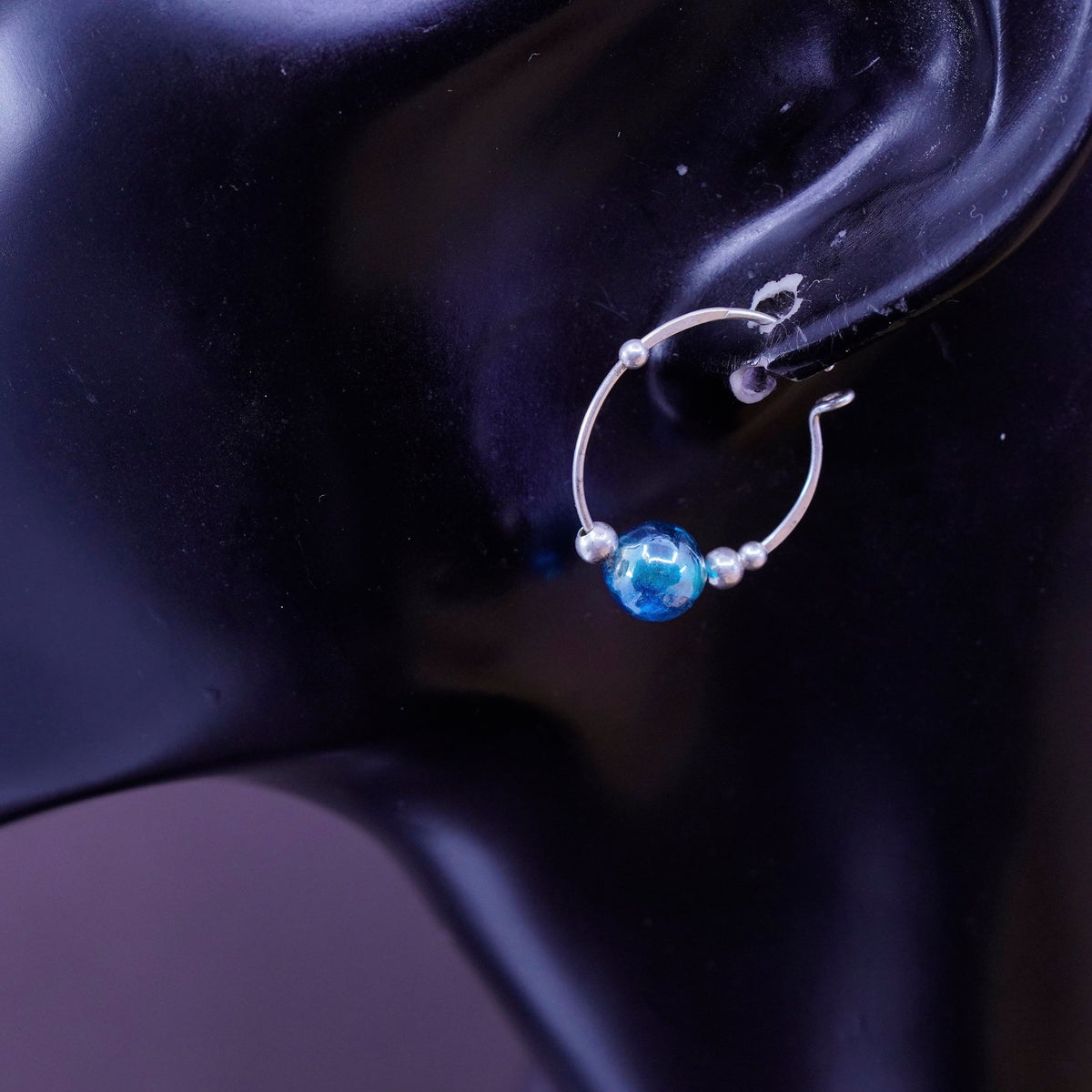 Vintage Sterling silver handmade earrings, 925 hoops with blue glass beads